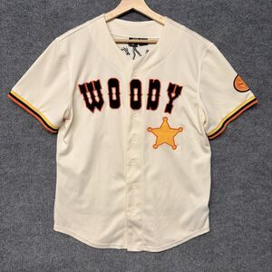 Disney Pixar Mens S Cream Woody Button-Up Baseball Jersey Toy Story 4 Shirt